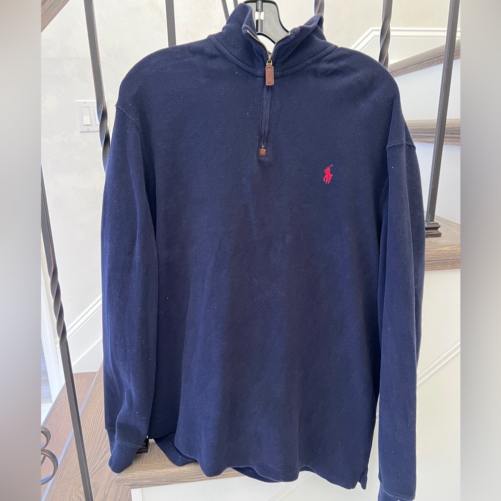 Polo Ralph Lauren Mens Navy Half-Zip Pullover with Red Logo, Size Large